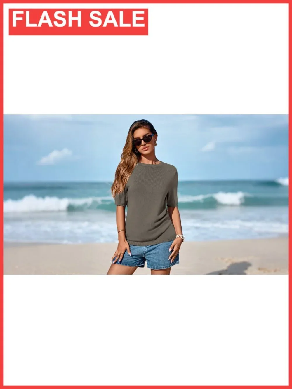 Womens Short Sleeve Crew Neck Pullover Sweater Lightweight Knit Top